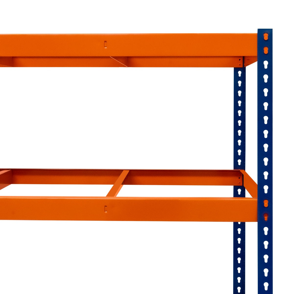 Scaffalatura a 6 ripiani S-Rax, struttura robusta in metallo blu e arancione, ideale per stoccaggio e organizzazione di spazi