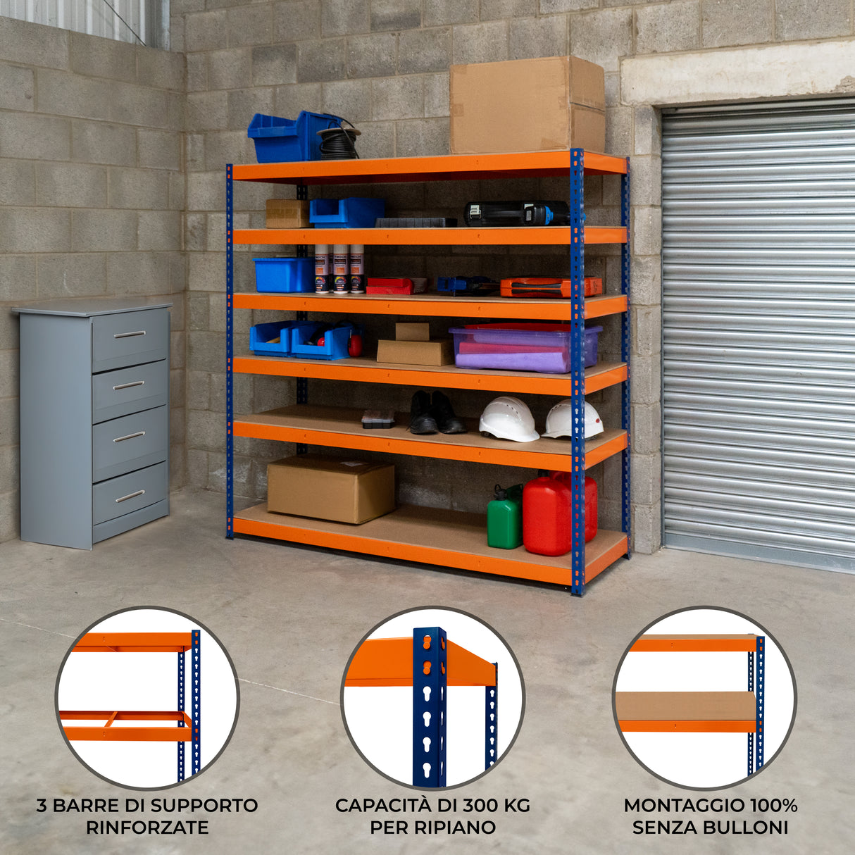 Scaffalatura a 6 ripiani in metallo blu e arancione, con ripiani robusti e capacità di 300 kg, ideale per garage o magazzini