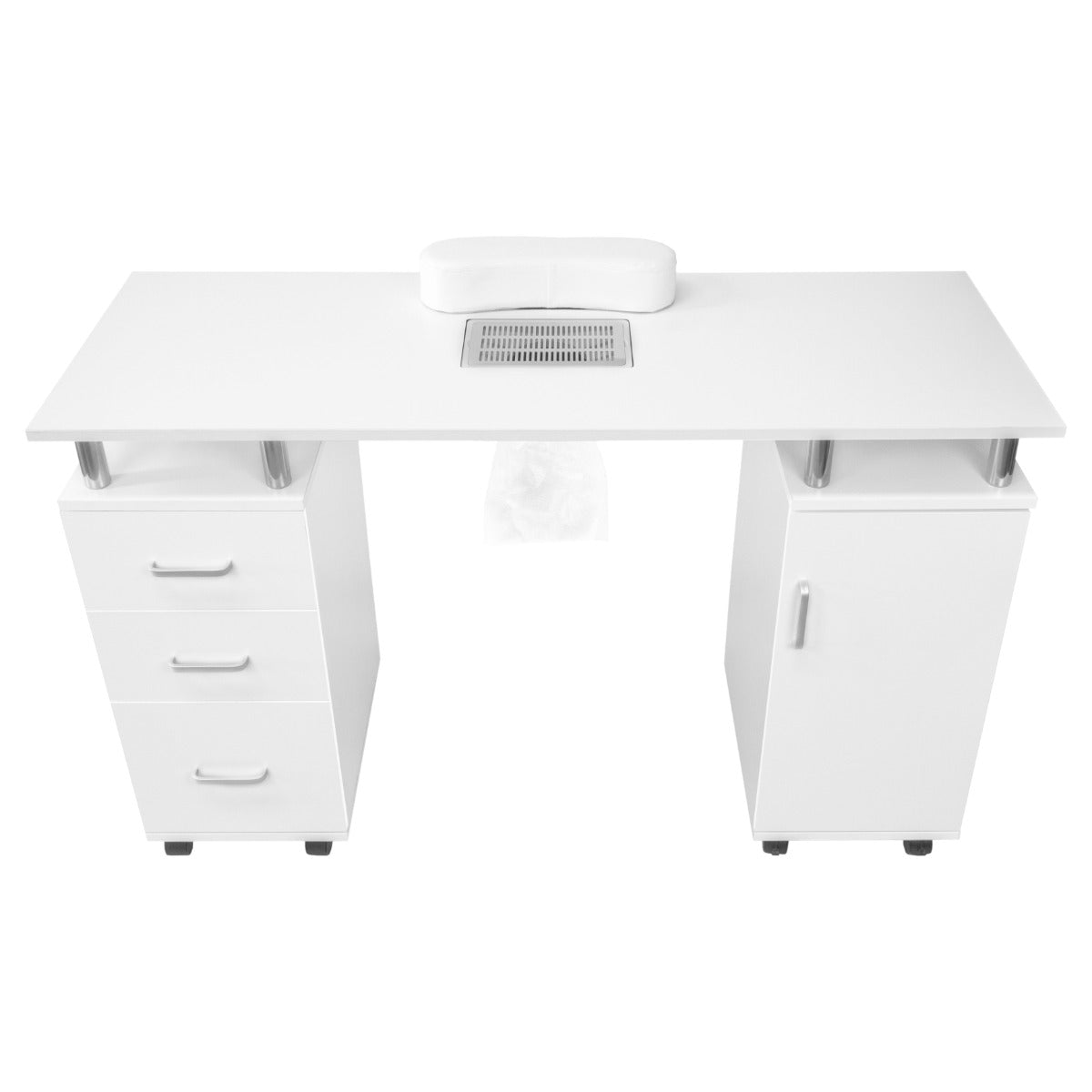 Tavolo da manicure professionale bianco con tre cassetti, lampada LED a mezzaluna e vano per aspirazione polvere, design moderno
