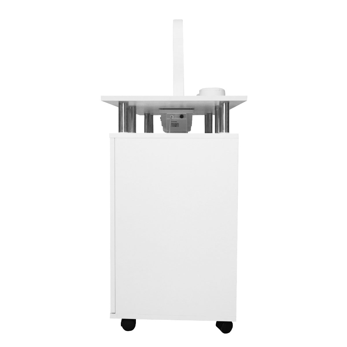 Tavolo da manicure professionale bianco con struttura in metallo, lampada LED a mezzaluna e cassetto per accessori, ruote per mobilità