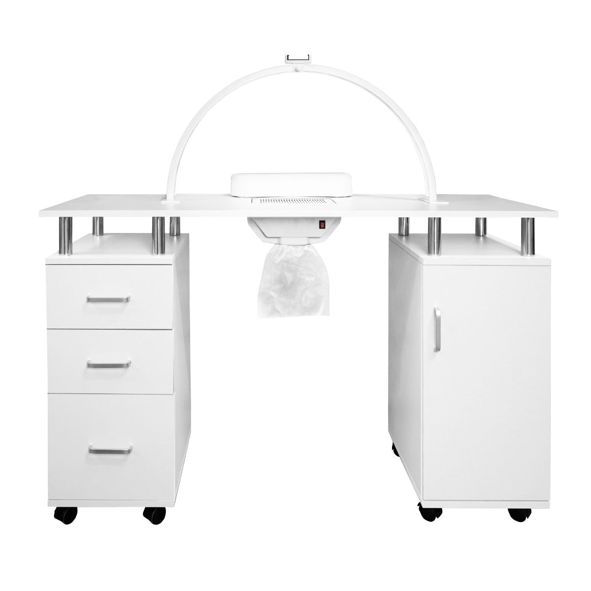 Tavolo da manicure professionale bianco con lampada LED a mezzaluna, dotato di cassetti e ruote per facilità di movimento