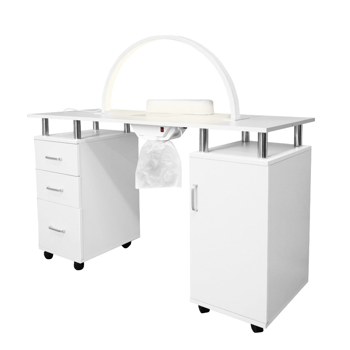 Tavolo da manicure professionale bianco con lampada LED a mezzaluna, dotato di cassetti e ruote per facilità di movimento