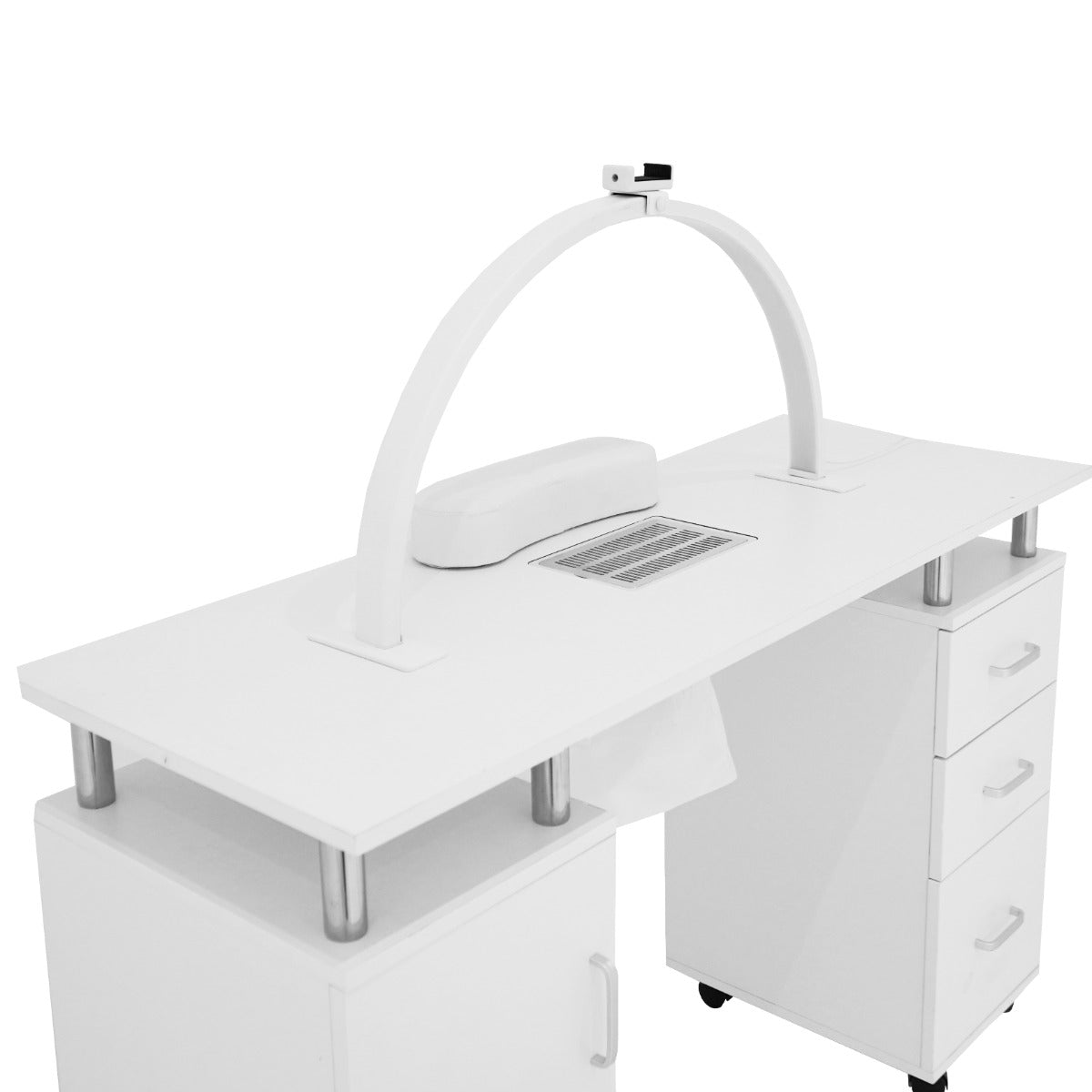Tavolo da manicure professionale bianco con lampada LED a mezzaluna, dotato di cassetti e superficie liscia per un lavoro preciso