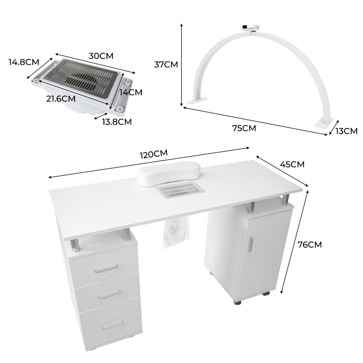 Tavolo da manicure professionale bianco con cassetti, lampada LED a mezzaluna e aspiratore integrato, design moderno e funzionale