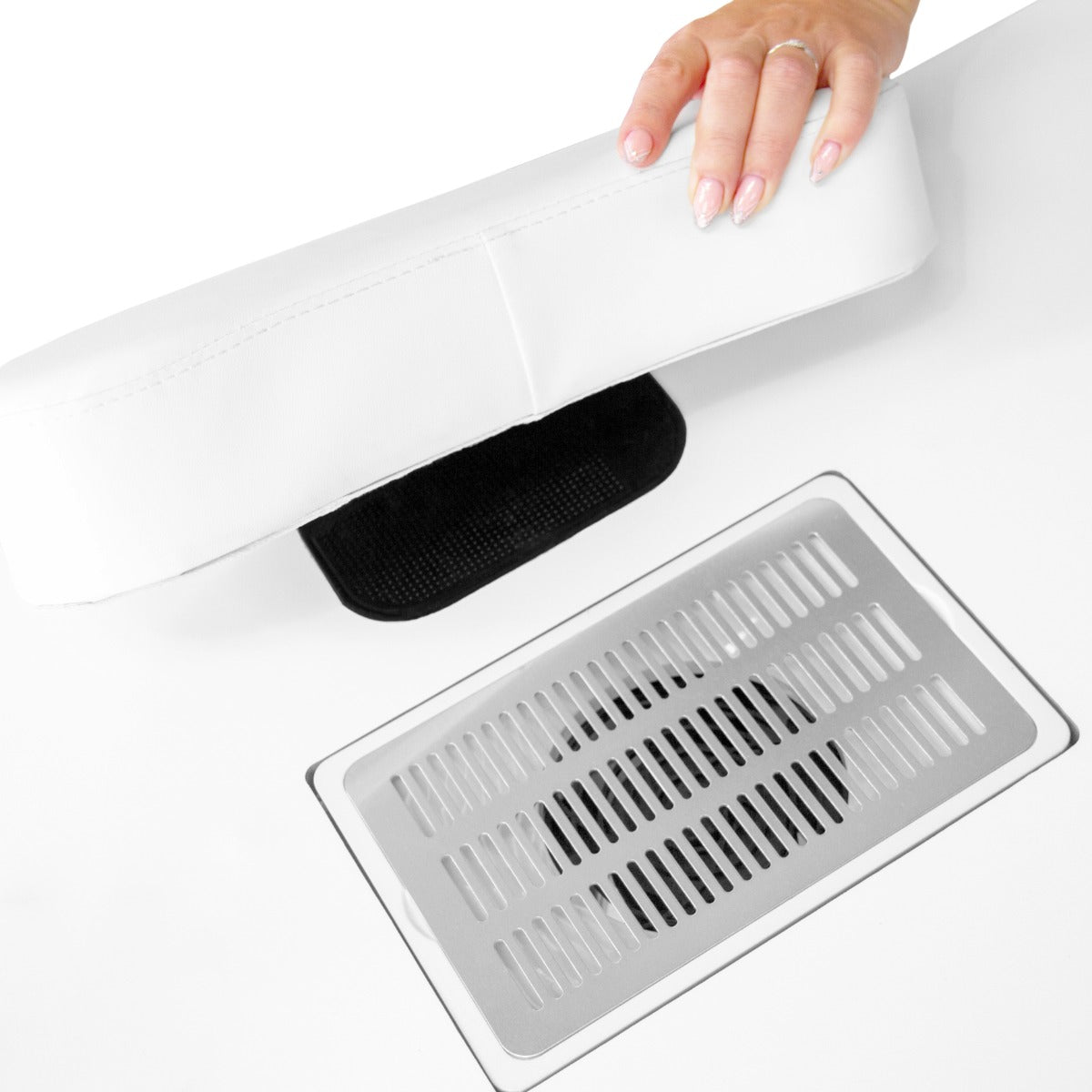 Tavolo da manicure professionale bianco con cuscino morbido e lampada LED, dotato di griglia di ventilazione elegante e funzionale