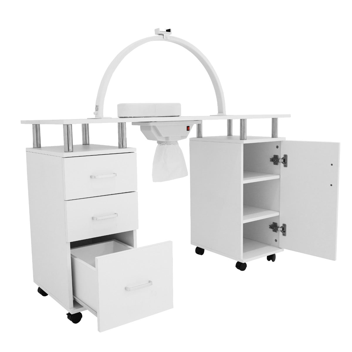 Tavolo da manicure professionale bianco con lampada LED a mezzaluna, cassetti e armadietti per un'organizzazione ottimale
