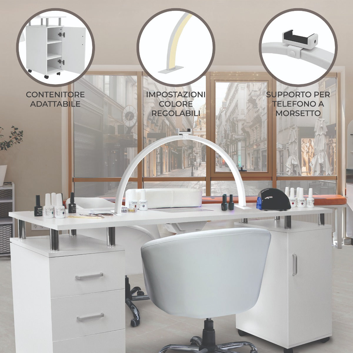 Tavolo da manicure bianco con lampada LED a mezzaluna, contenitore adattabile e supporto per telefono, design moderno e funzionale
