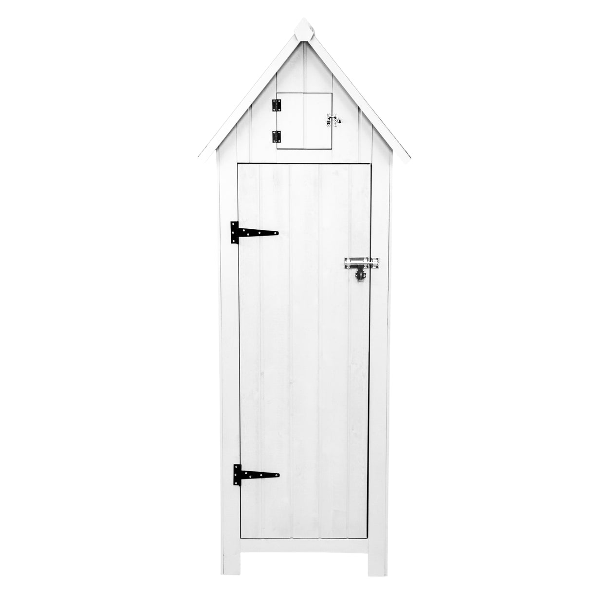 Capanno da giardino in legno bianco, con tetto a spiovente, porta in legno con maniglia e serratura, dettagli neri eleganti