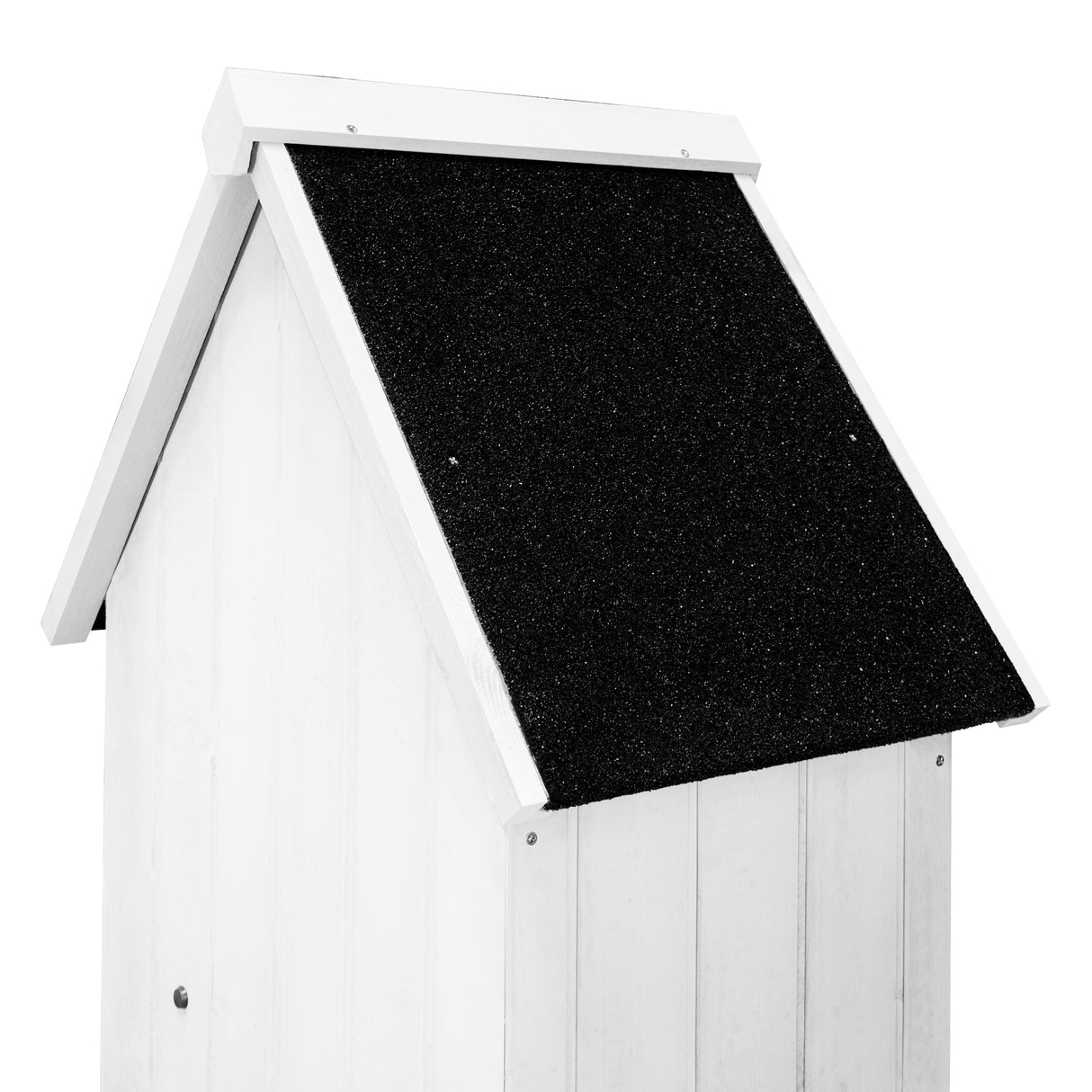 Capanno da giardino in legno bianco con tetto nero in materiale impermeabile, struttura elegante e rifiniture curate
