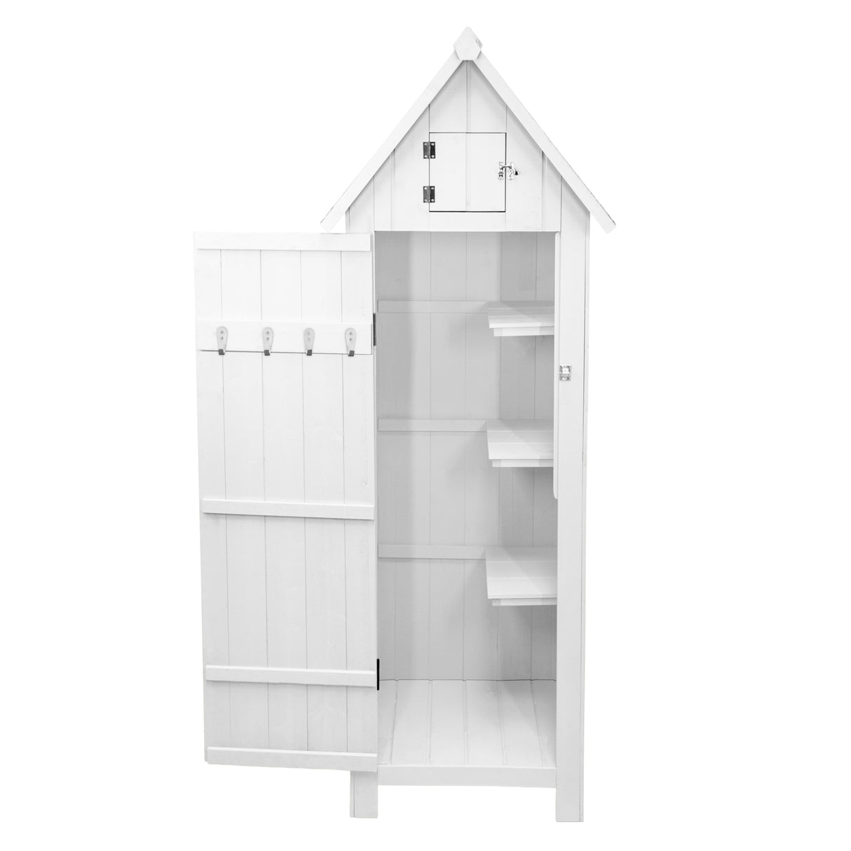 Capanno da giardino in legno bianco, con porte a battente, ripiani interni e ganci per appendere, design elegante e funzionale