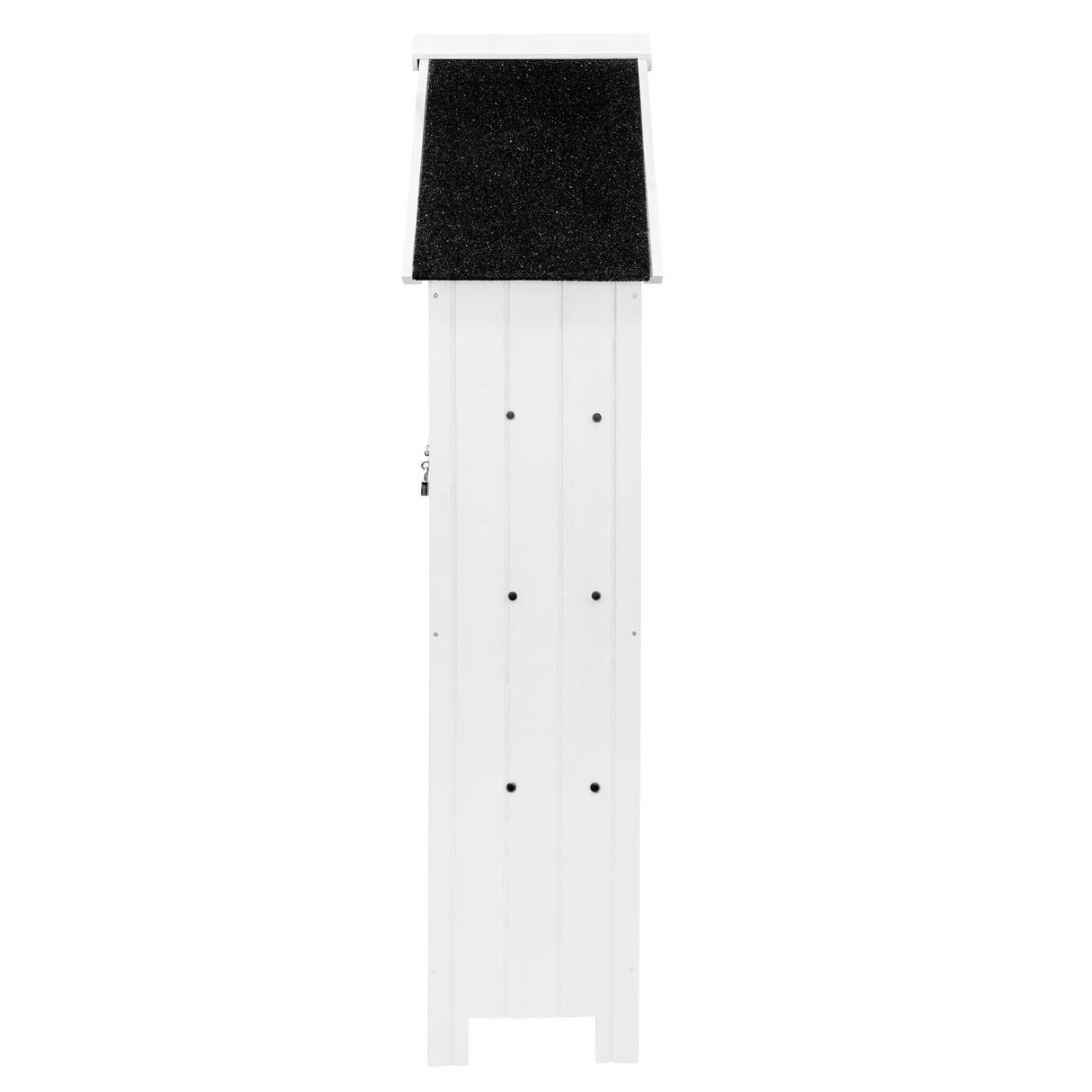 Capanno da giardino in legno bianco, con tetto nero in materiale impermeabile, design verticale e finitura liscia, ideale per esterni