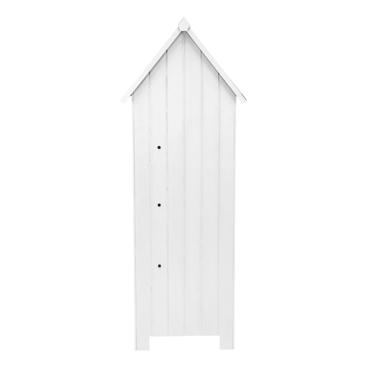 Capanno da giardino in legno bianco, con tetto a punta, pareti verticali e tre fori decorativi, ideale per riporre attrezzi da giardino