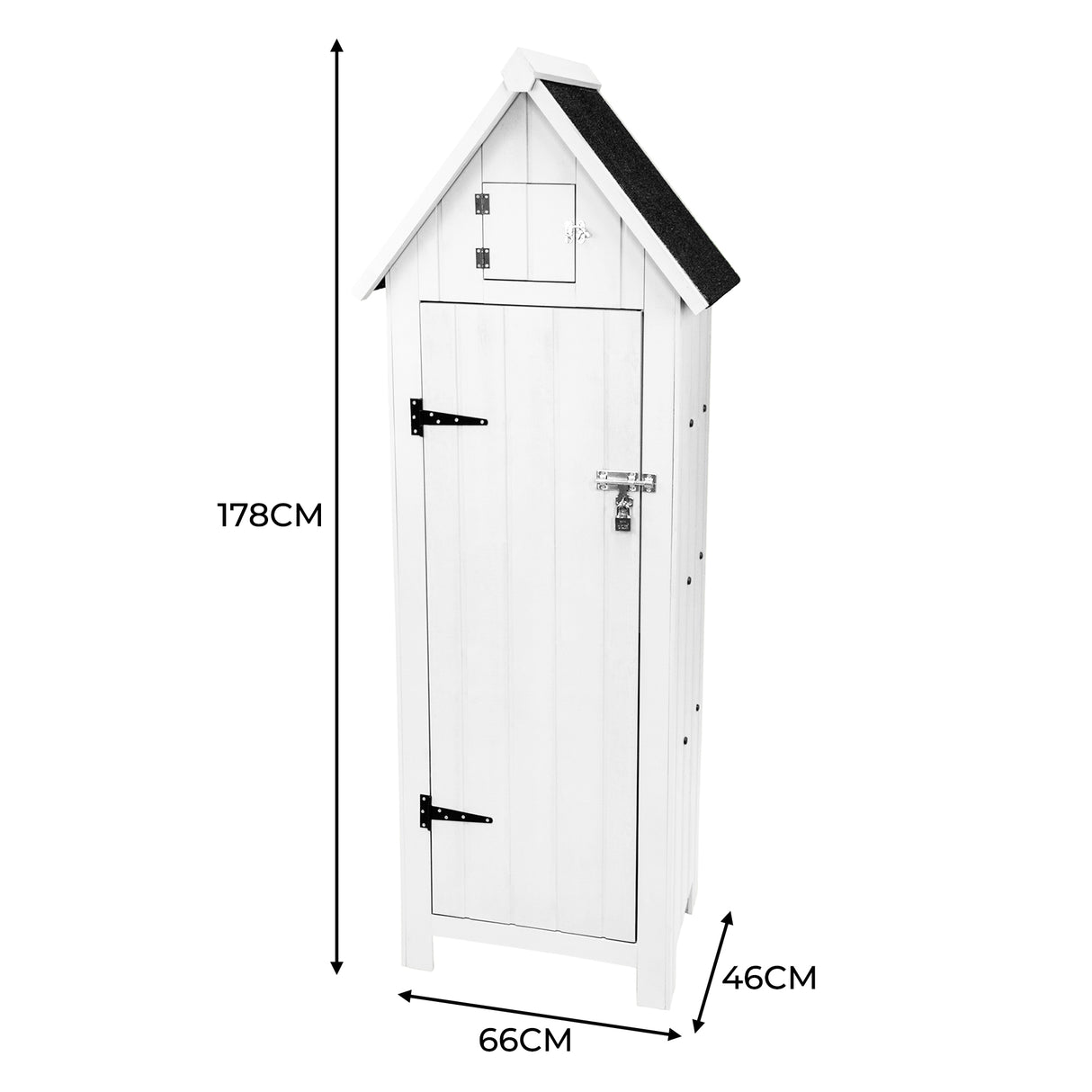 Capanno da giardino in legno bianco, con tetto a spiovente, porte in legno, finitura liscia e maniglia metallica lucida, dimensioni 178x66x46 cm