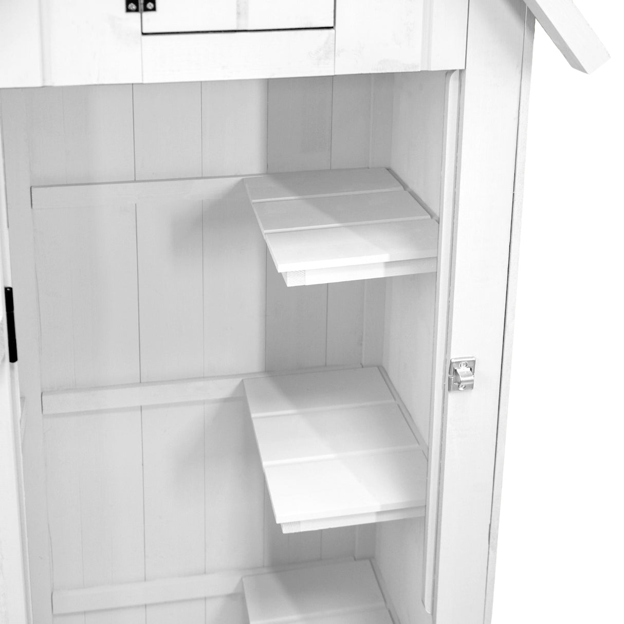 Capanno da giardino in legno bianco con ripiani interni, finitura liscia e design semplice, ideale per riporre attrezzi e accessori