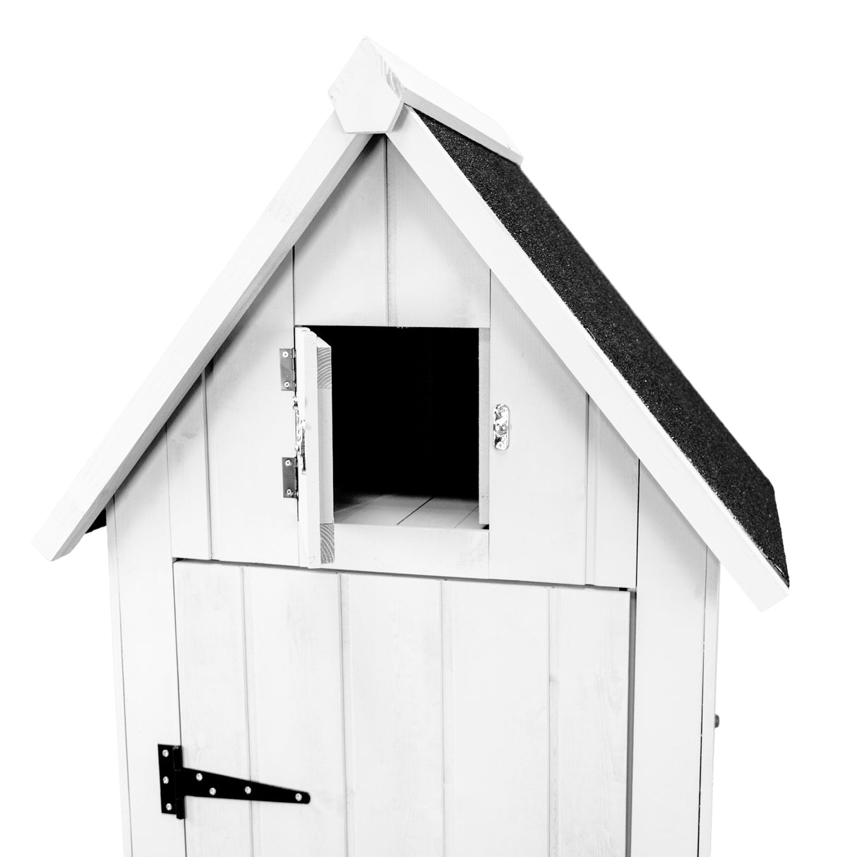 Capanno da giardino in legno bianco con tetto a spiovente, porta e finestra in metallo, design elegante e funzionale per esterni