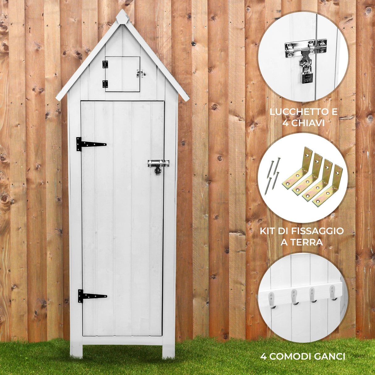 Capanno da giardino in legno bianco con tetto a punta, serratura, ganci e kit di fissaggio, posizionato su erba verde e sfondo di legno