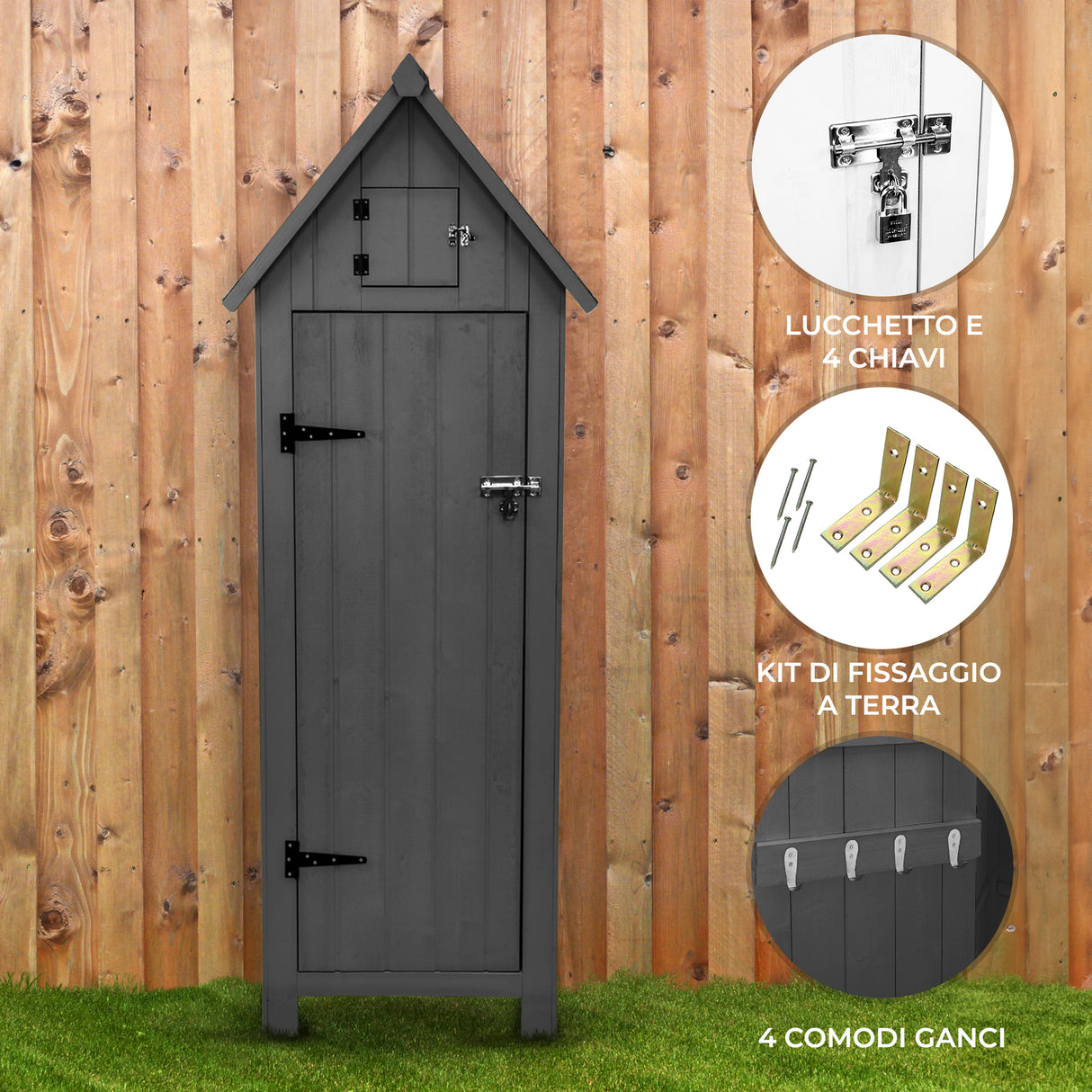 Capanno da giardino in legno grigio con tetto a punta, serratura, ganci e kit di fissaggio, posizionato su sfondo di legno naturale