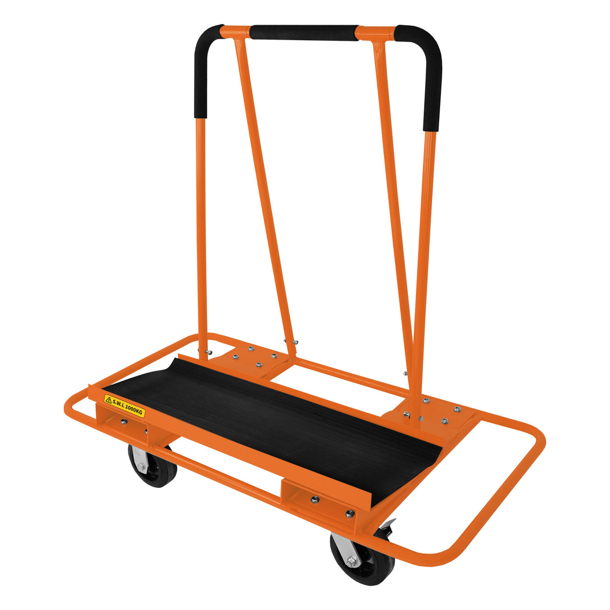 Carrello per cartongesso robusto, verniciato di arancione, con maniglie nere e ruote per un facile trasporto di materiali fino a 1000 kg
