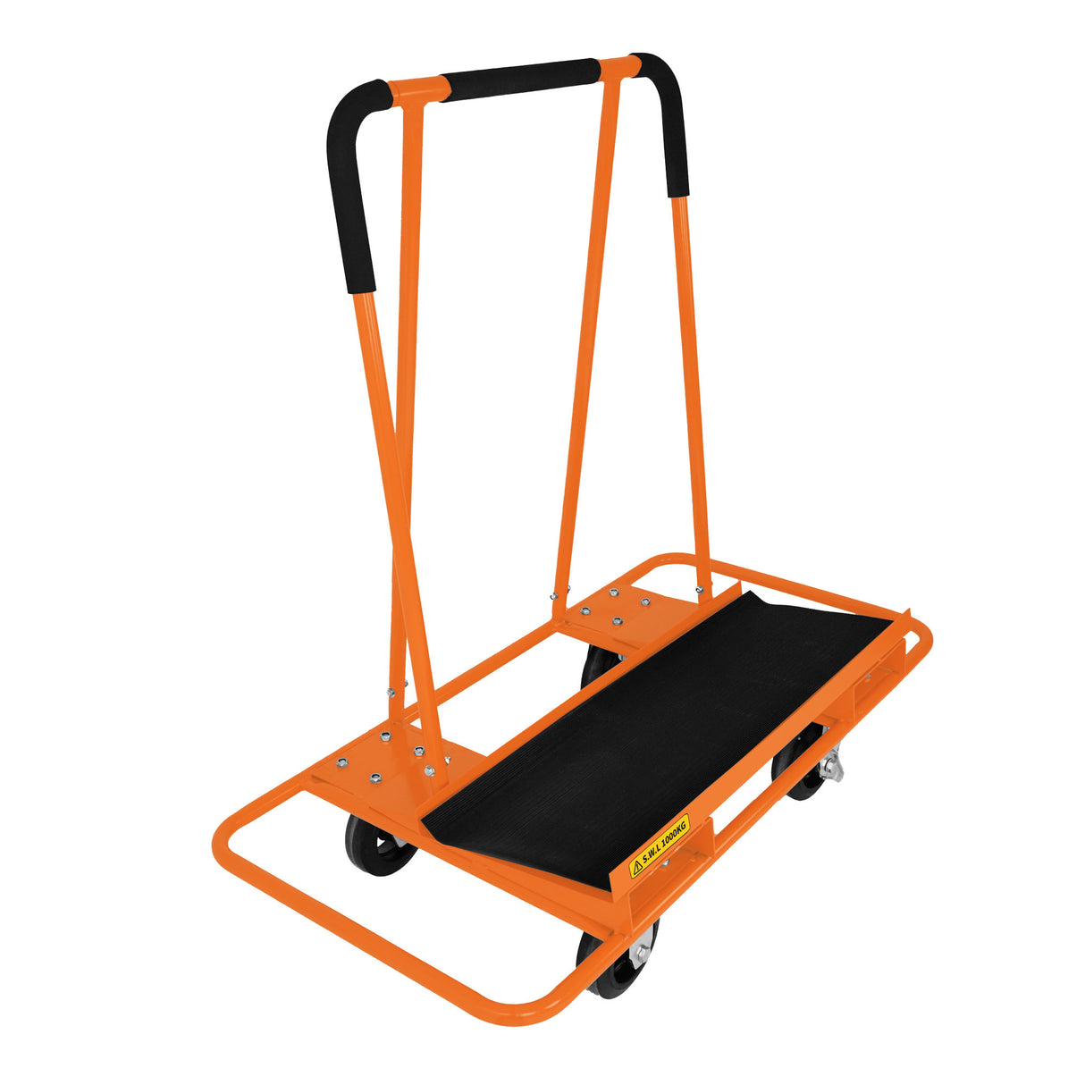 Carrello per cartongesso arancione, robusto, con maniglie antiscivolo e ruote, progettato per carichi fino a 1000 kg