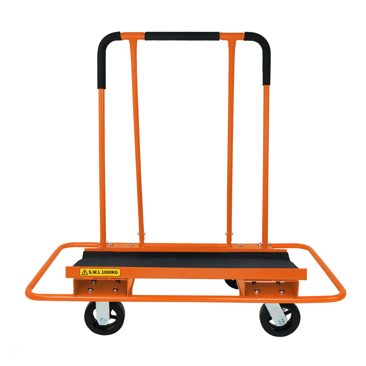 Carrello per cartongesso arancione con manico antiscivolo, piattaforma robusta e ruote resistenti, capacità di carico fino a 1000 kg