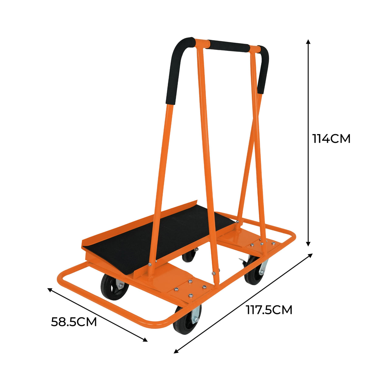 Carrello per cartongesso robusto, verniciato di arancione, con maniglie nere, ruote solide e superficie antiscivolo, capacità fino a 1000kg