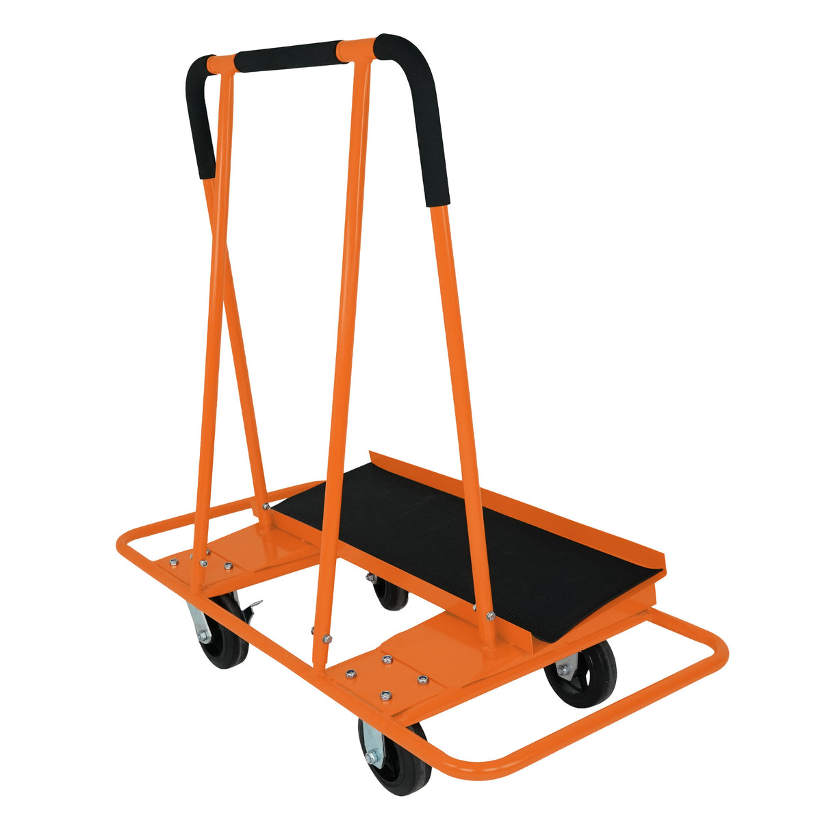 Carrello per cartongesso arancione con maniglie nere, piattaforma robusta e ruote per un carico massimo di 1000 kg