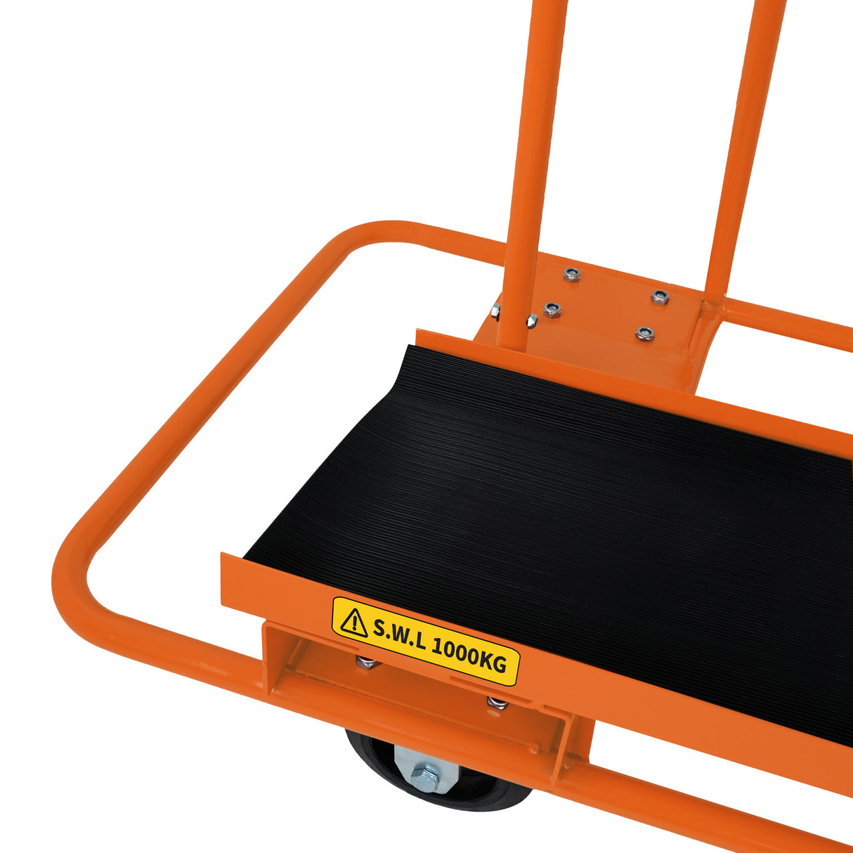 Carrello per cartongesso arancione con superficie nera antiscivolo, capacità di carico di 1000 kg, ruote robuste per facilità di movimento