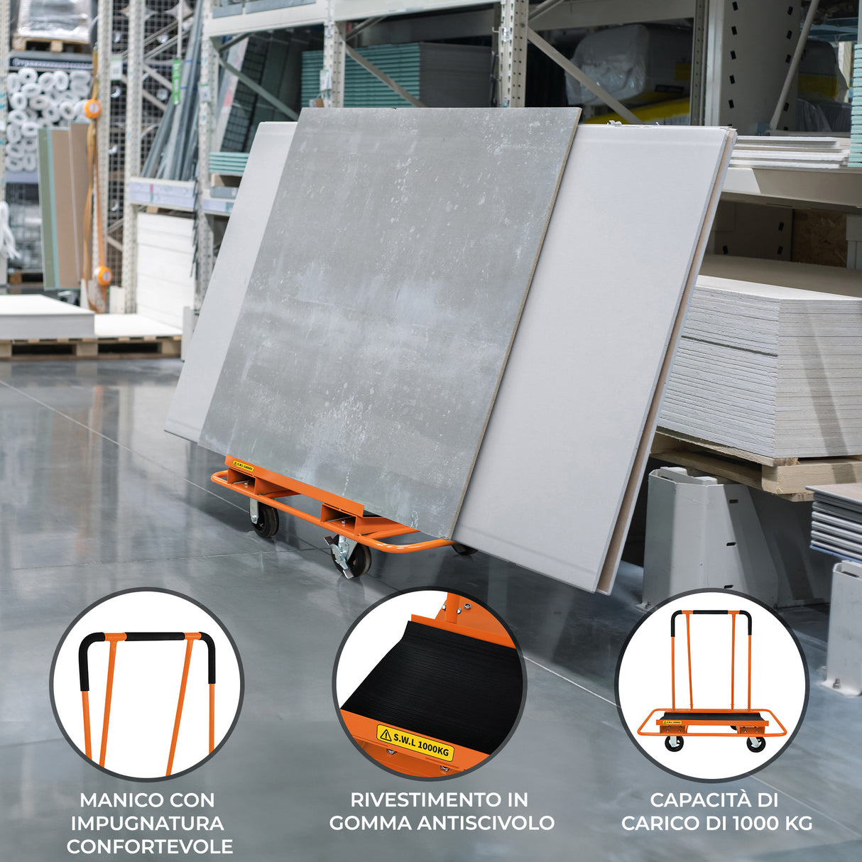 Carrello per cartongesso arancione con manico ergonomico, rivestimento in gomma antiscivolo e capacità di carico fino a 1000 kg