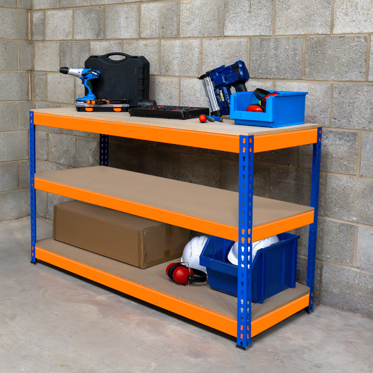 Ripiano aggiuntivo per banco da lavoro S-Rax, 180 cm x 60 cm, con struttura blu e ripiani arancioni, ideale per attrezzi e materiali