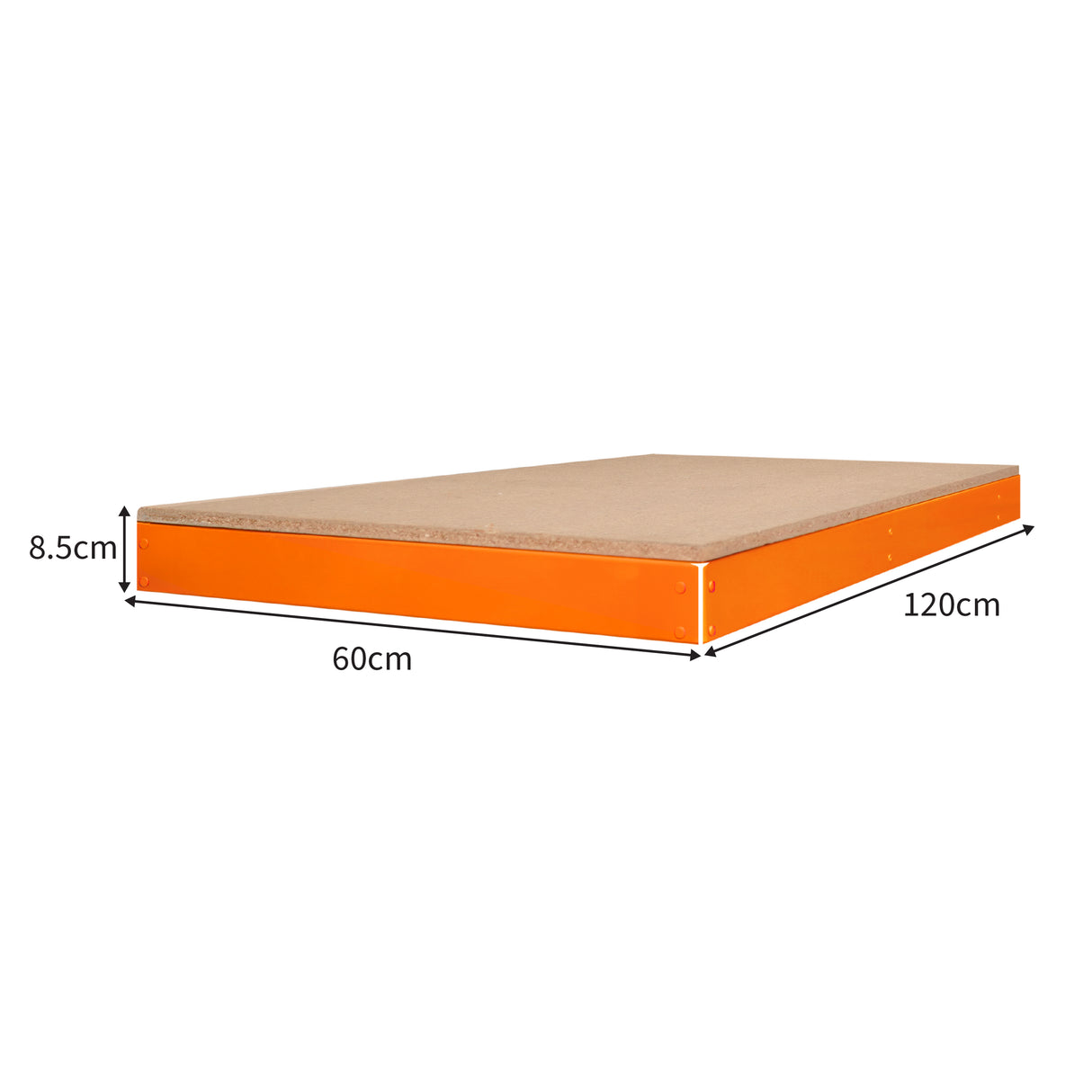 Ripiano aggiuntivo per banco da lavoro S-Rax, 120 cm x 60 cm, con superficie in legno e bordo arancione, spessore 8,5 cm