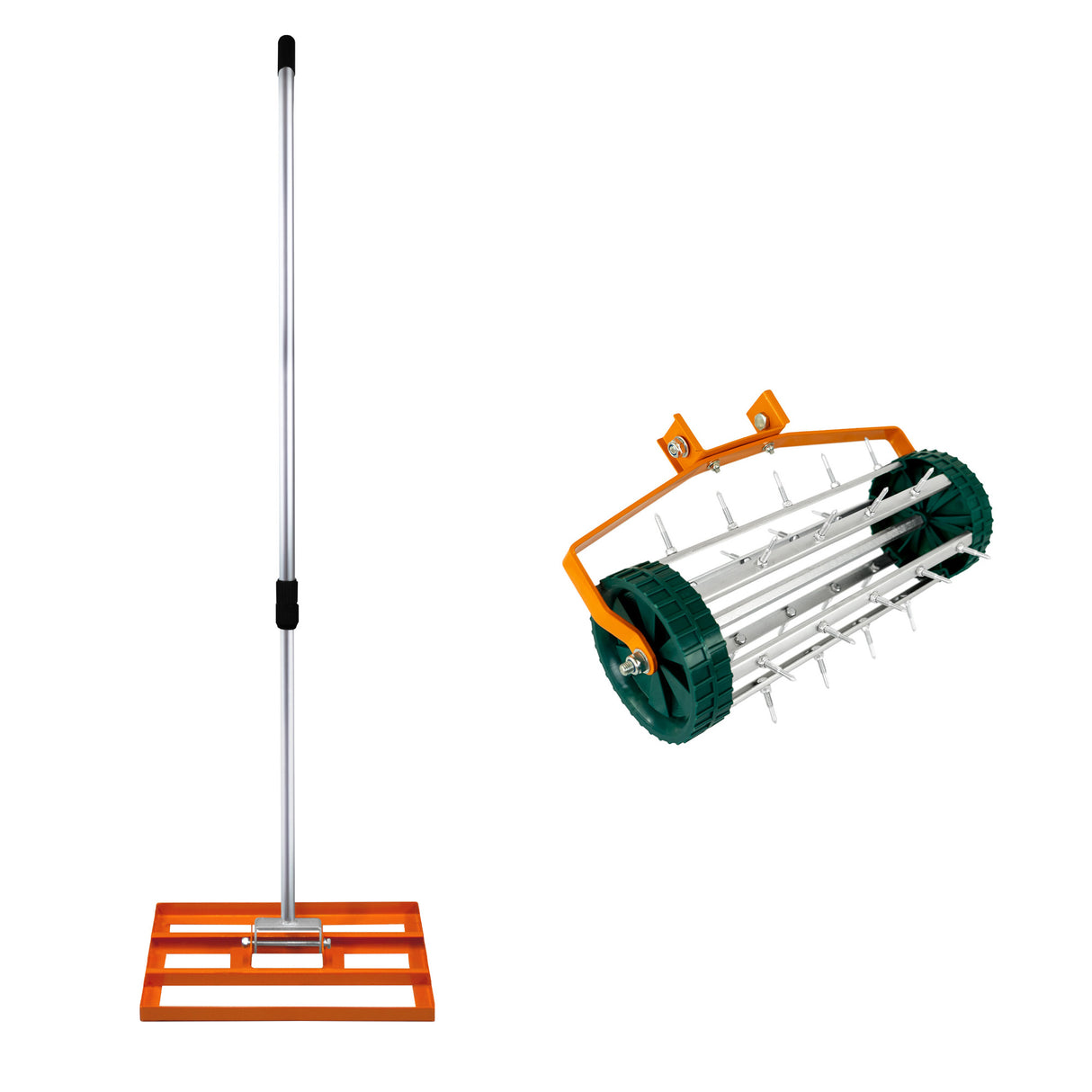 Set 2-in-1 arieggiatore e livellatore prato, manico lungo in alluminio, rullo verde con punte metalliche, base arancione robusta