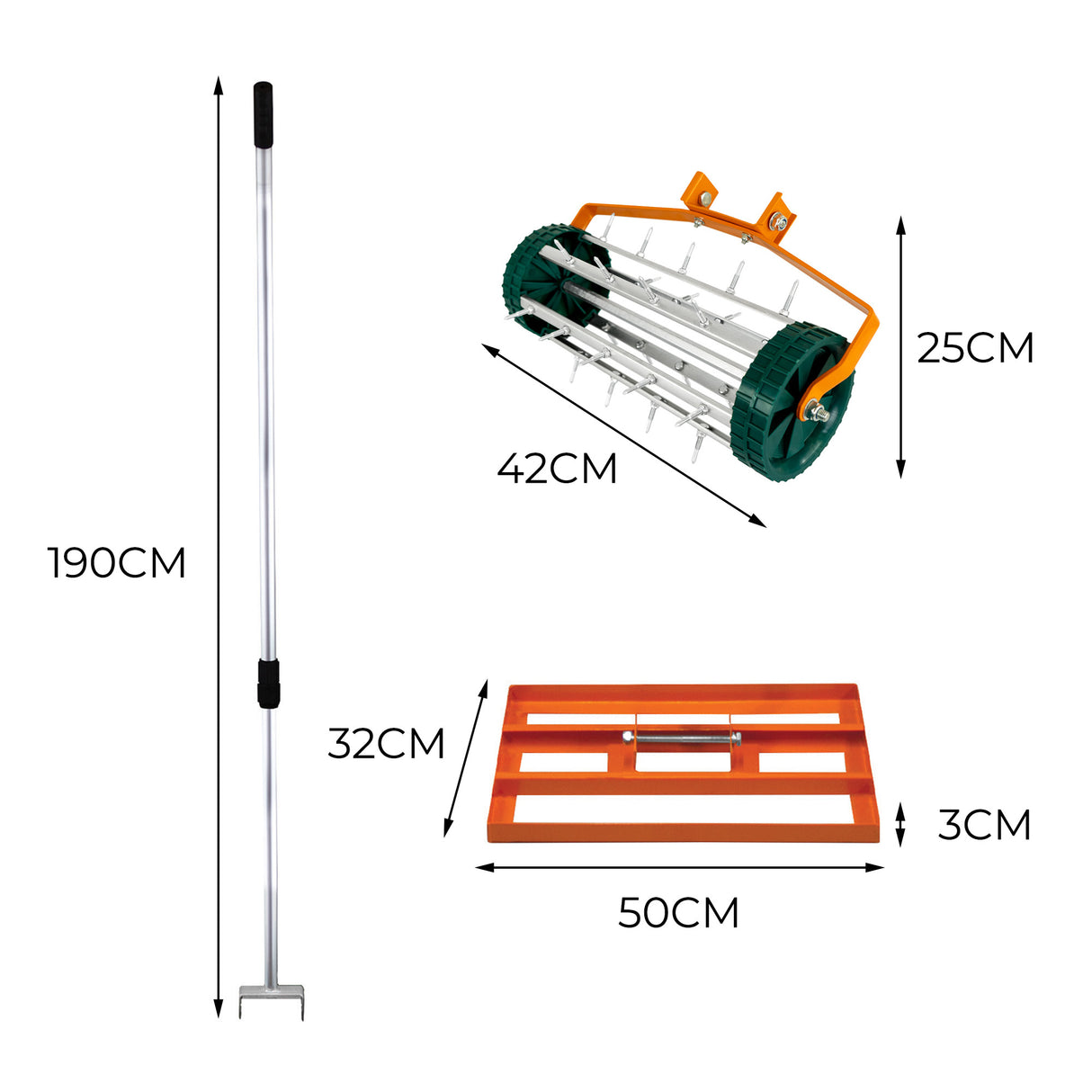 Set 2-in-1 arieggiatore e livellatore per prato, manico lungo in alluminio, rullo verde con lame, base arancione, dimensioni 50 cm