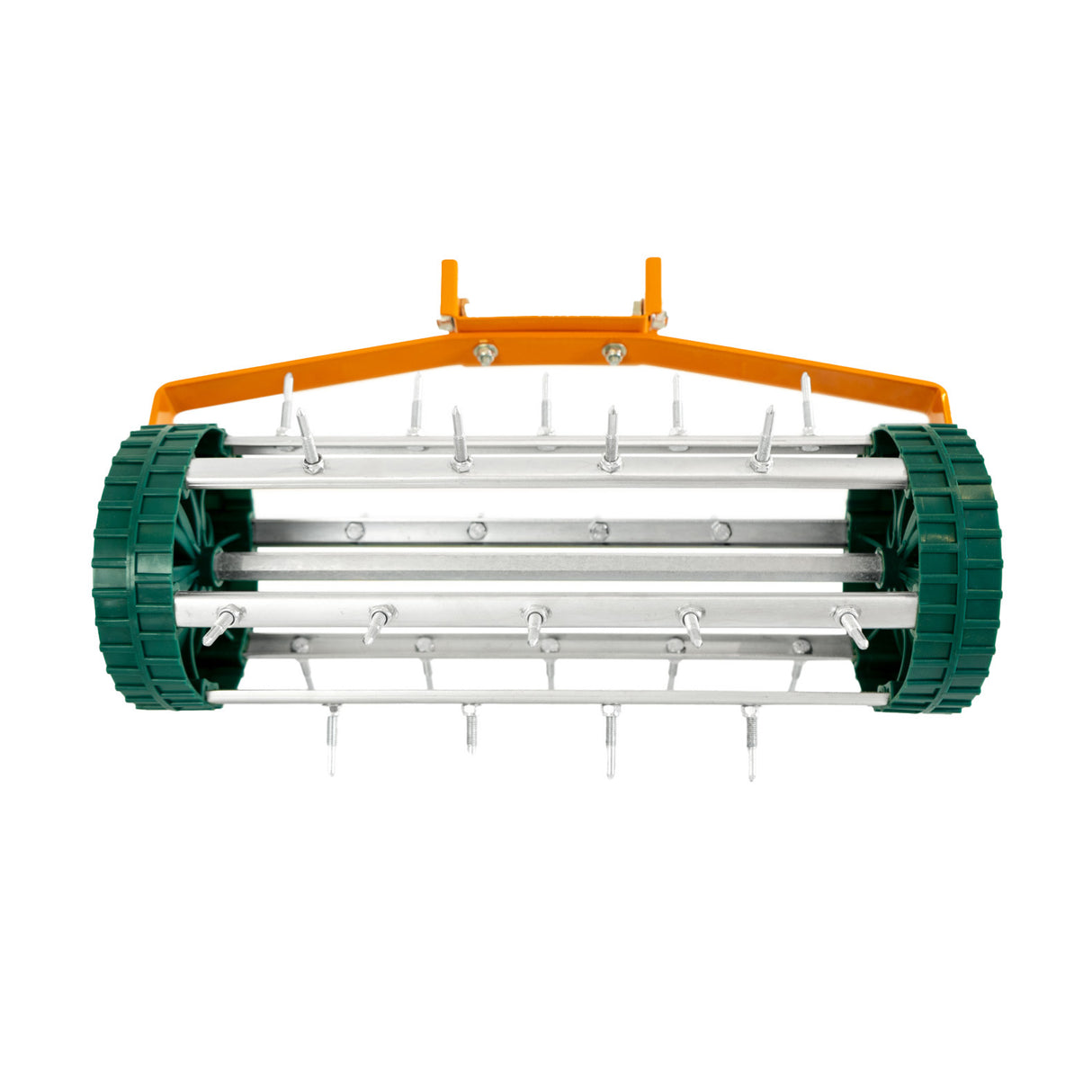 Set 2-in-1 arieggiatore e livellatore per prato, con rulli verdi e struttura arancione, ideale per la cura del giardino