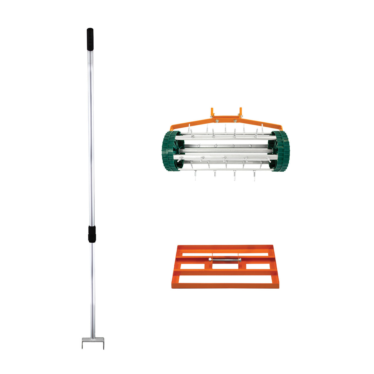 Set 2-in-1 arieggiatore e livellatore prato da 50 cm, con manico lungo, rulli verdi e base arancione per una cura del prato efficace