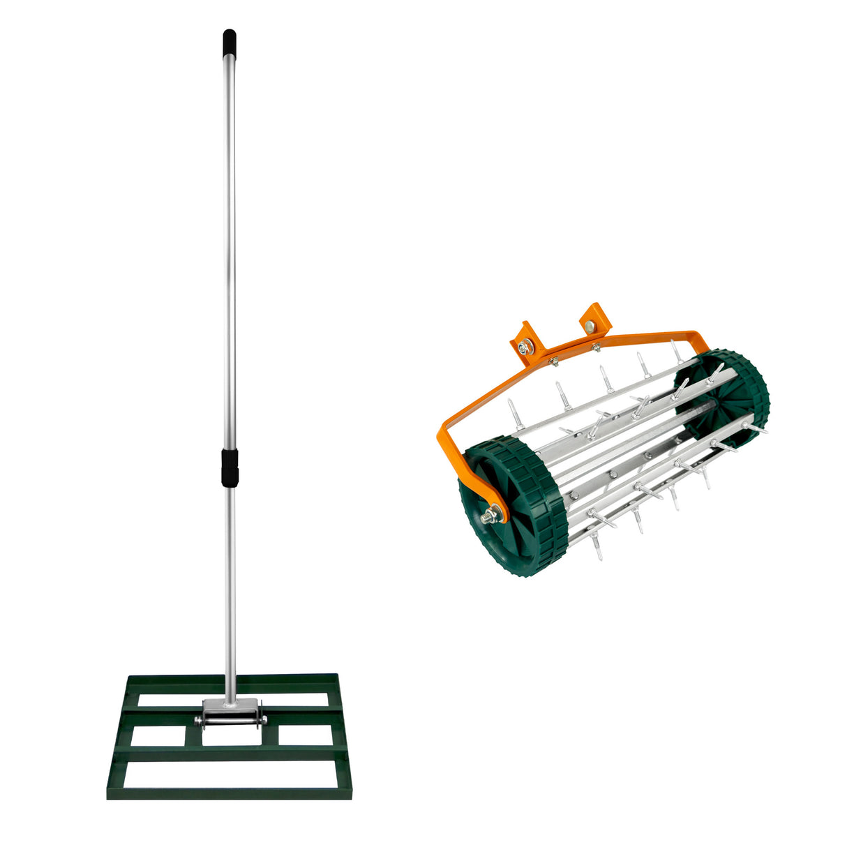 Set 2-in-1 arieggiatore e livellatore prato da 50 cm, con manico lungo, rulli verdi e dettagli arancioni, ideale per curare il prato