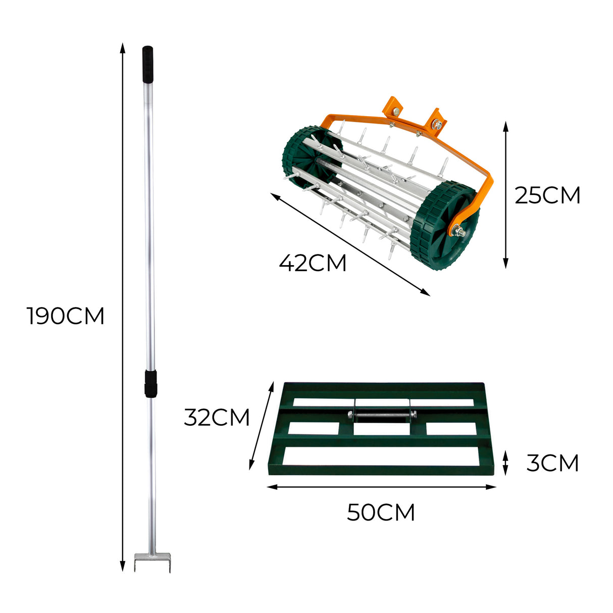 Set 2-in-1 arieggiatore e livellatore prato verde, con manico lungo in metallo, rulli in plastica e dimensioni di 50 cm di larghezza