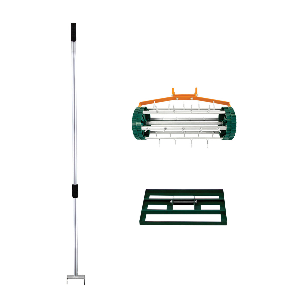 Set 2-in-1 arieggiatore e livellatore prato, manico lungo in alluminio, rulli verdi in plastica, design funzionale e resistente