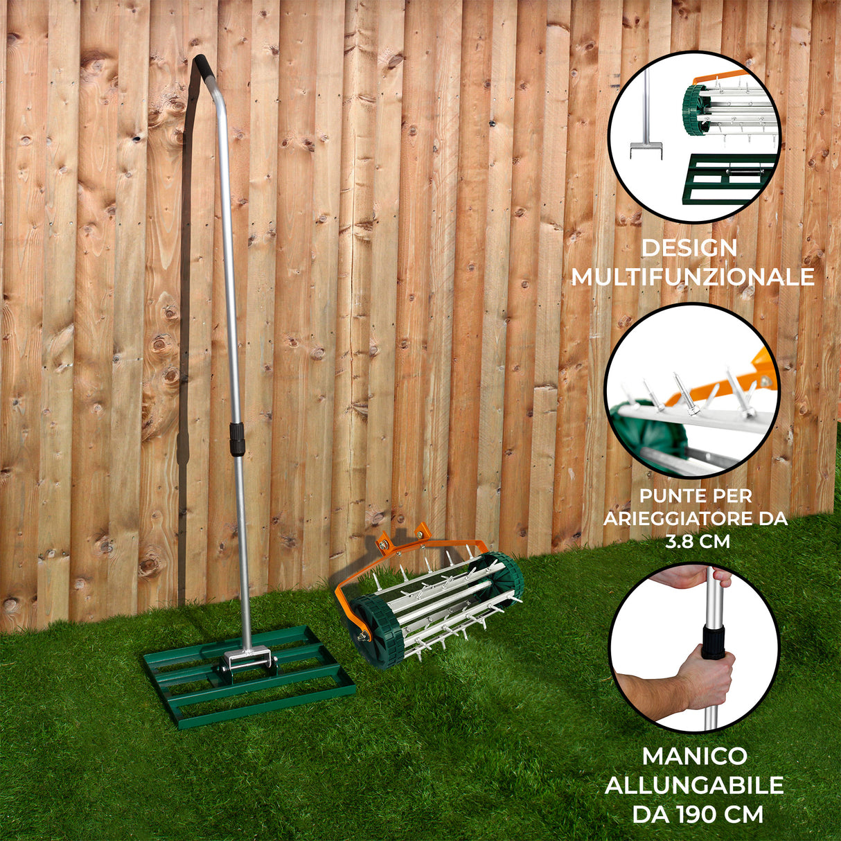 Set 2-in-1 arieggiatore e livellatore prato verde con manico allungabile, punte di 3.8 cm, design multifunzionale su sfondo di legno