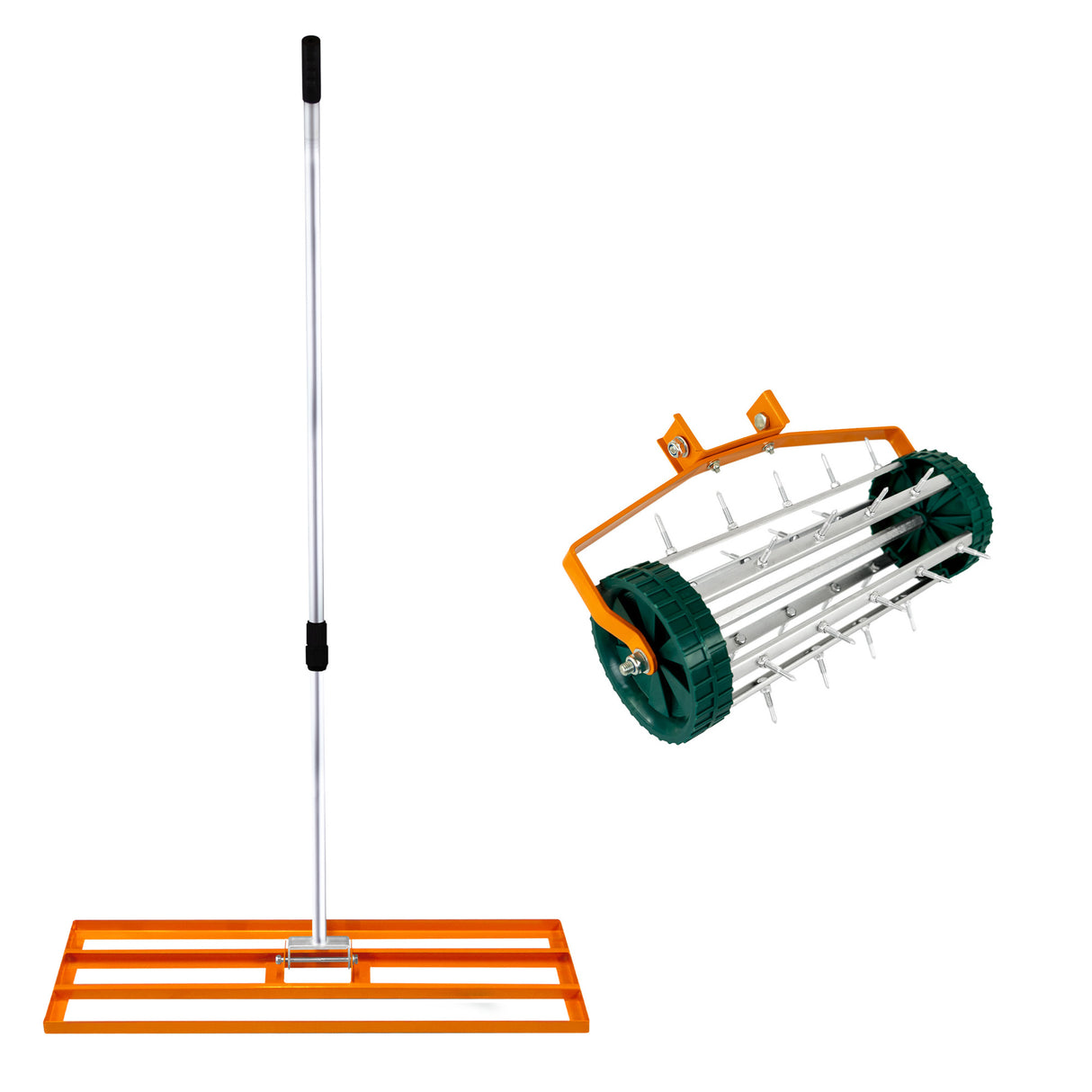 Set arieggiatore e livellatore prato da 100 cm, con struttura arancione e rulli metallici, ideale per curare il prato in modo efficace