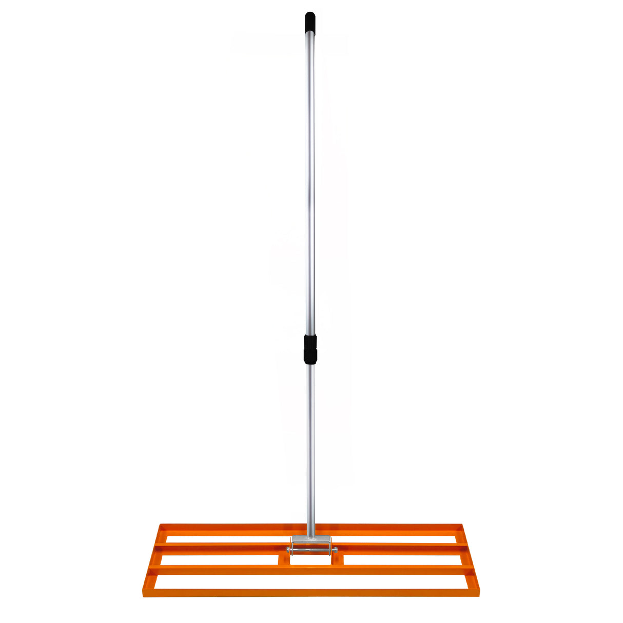 Set 2-in-1 arieggiatore e livellatore prato arancione, con manico lungo e base rettangolare in metallo, ideale per curare il prato