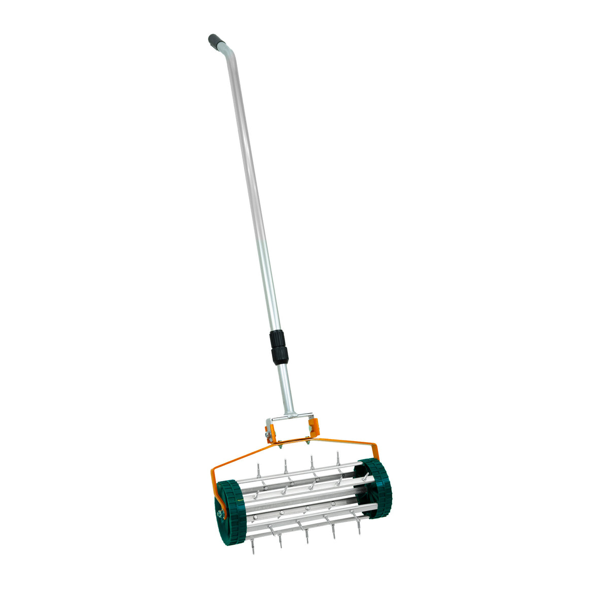 Set 2-in-1 arieggiatore e livellatore per prato da 100 cm, manico lungo, rullo metallico con punte, colore arancione e verde