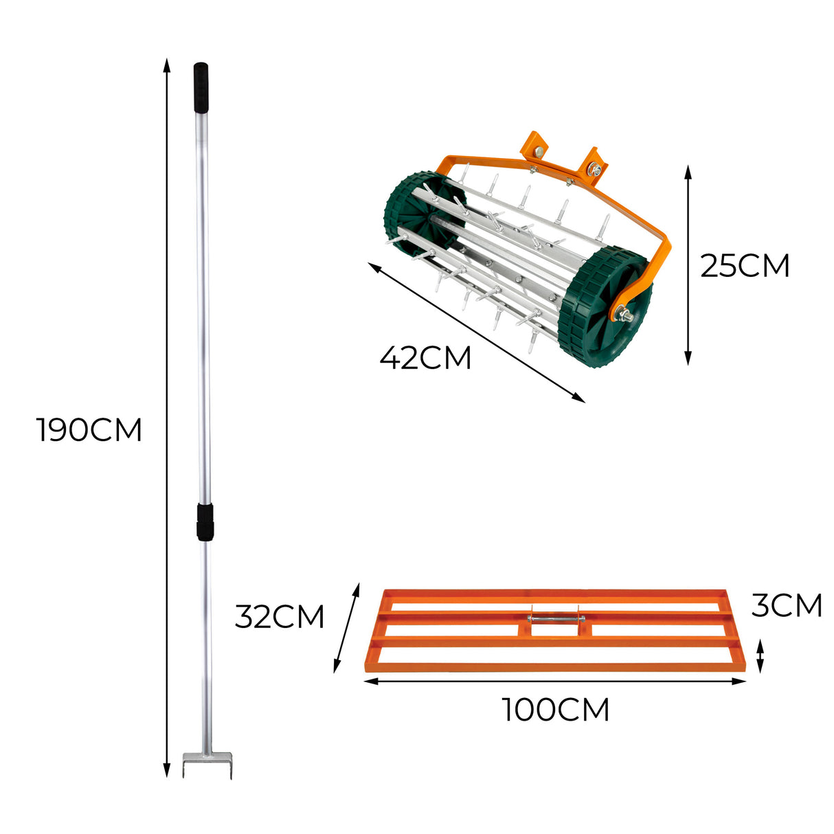 Set 2-in-1 arieggiatore e livellatore prato arancione, con rullo verde, manico lungo in metallo e dimensioni di 100 cm di larghezza