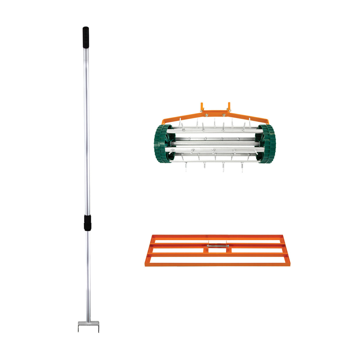 Set 2-in-1 arieggiatore e livellatore prato da 100 cm, con manico lungo in alluminio, rulli verdi e struttura arancione robusta