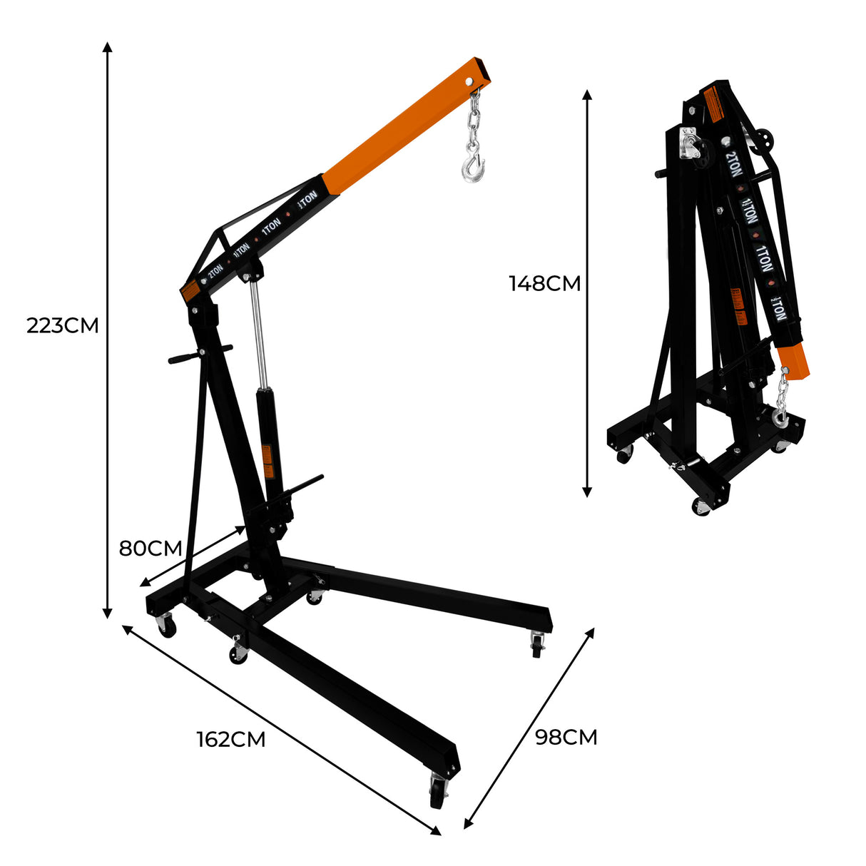 Gru idraulica per motori da 2 tonnellate, struttura nera con braccio arancione, altezza 223 cm, design pieghevole e ruote per facilità di movimento