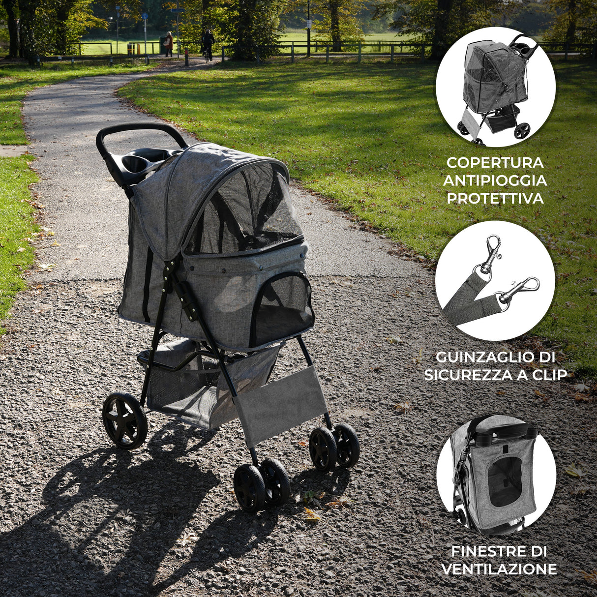 Passeggino per Animali con Copertura Antipioggia – Grigio