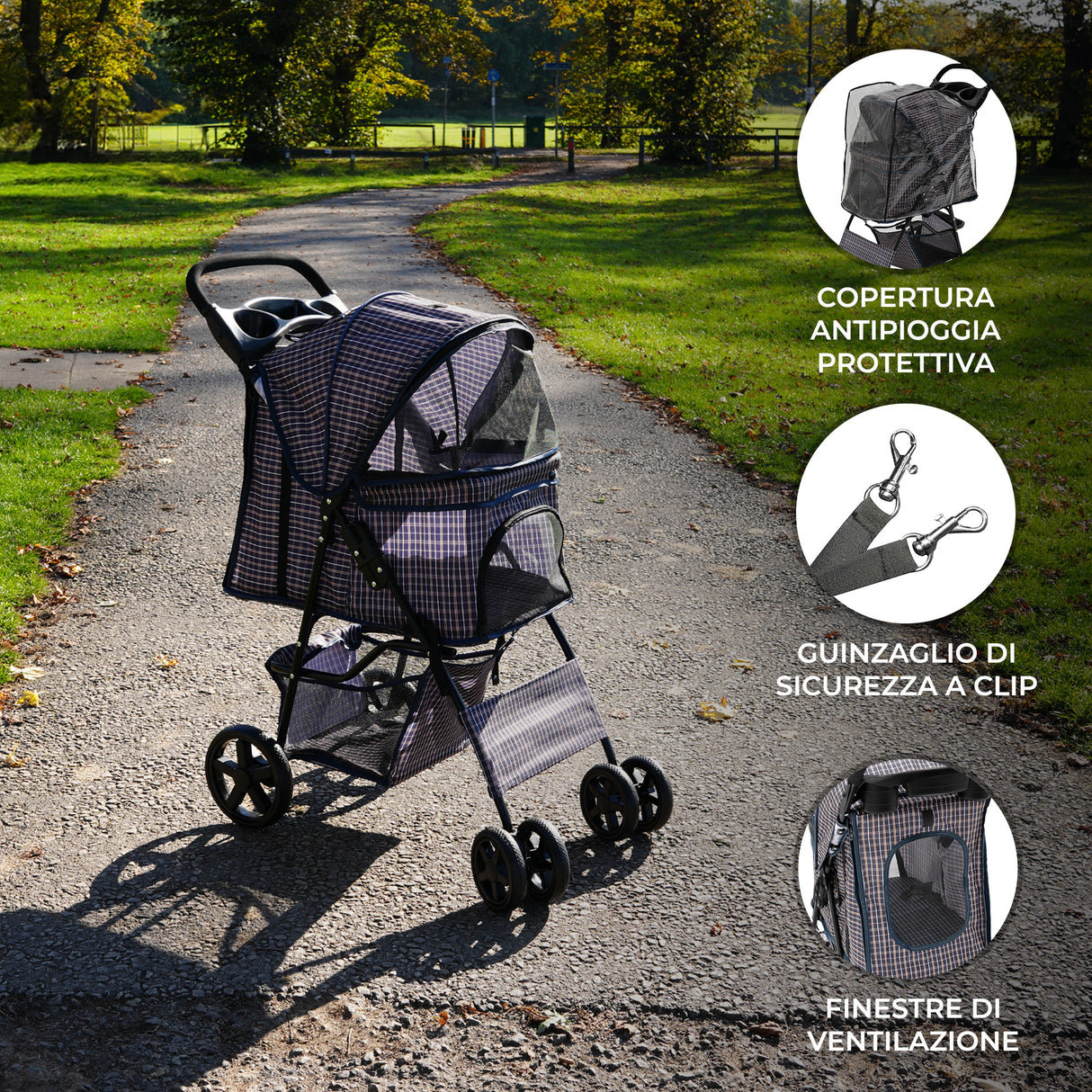 Passeggino per Animali con Copertura Antipioggia – Blu Tartan