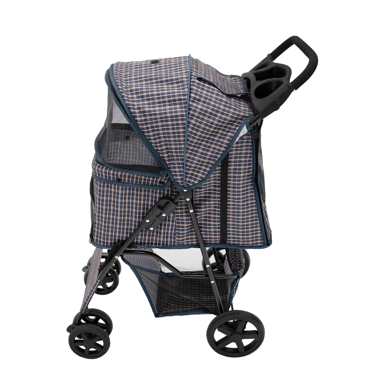 Passeggino per animali con copertura antipioggia e borsa organizer - Blu Tartan