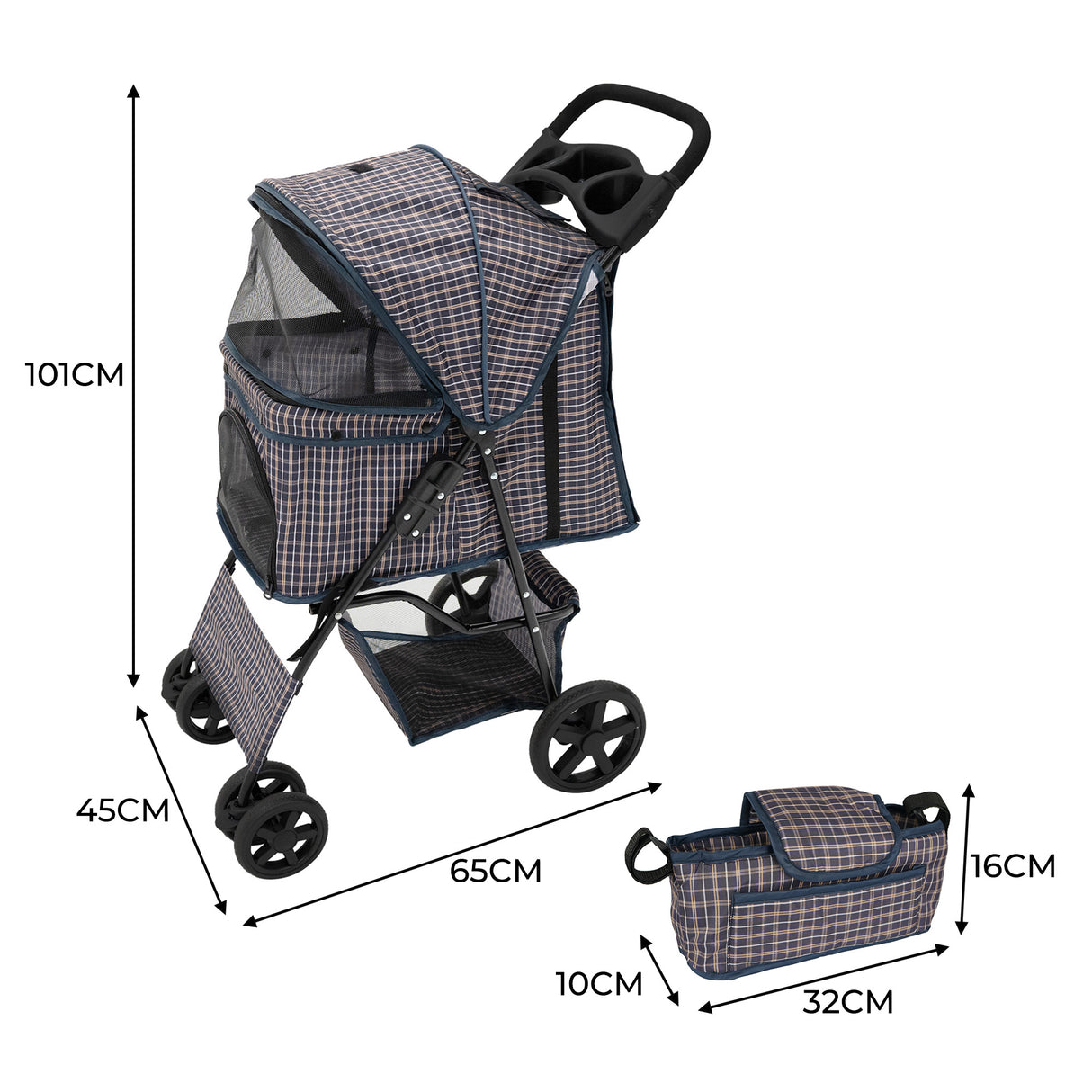 Passeggino per animali con copertura antipioggia e borsa organizer - Blu Tartan