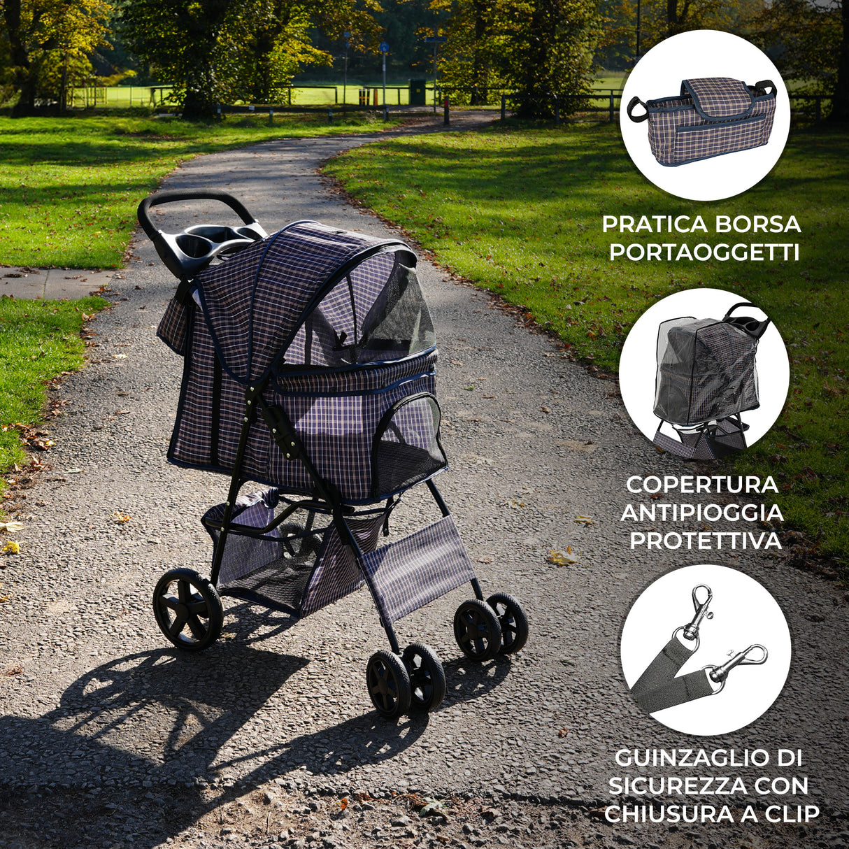 Passeggino per animali con copertura antipioggia e borsa organizer - Blu Tartan