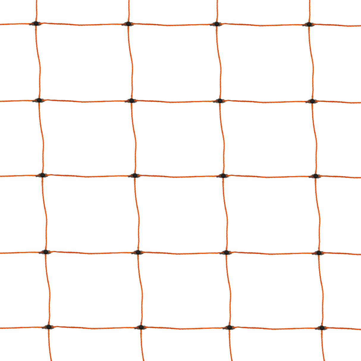 Rete elettrica per pollame lunga 50m, con maglie quadrate di colore arancione e nodi neri, ideale per recinti sicuri e duraturi
